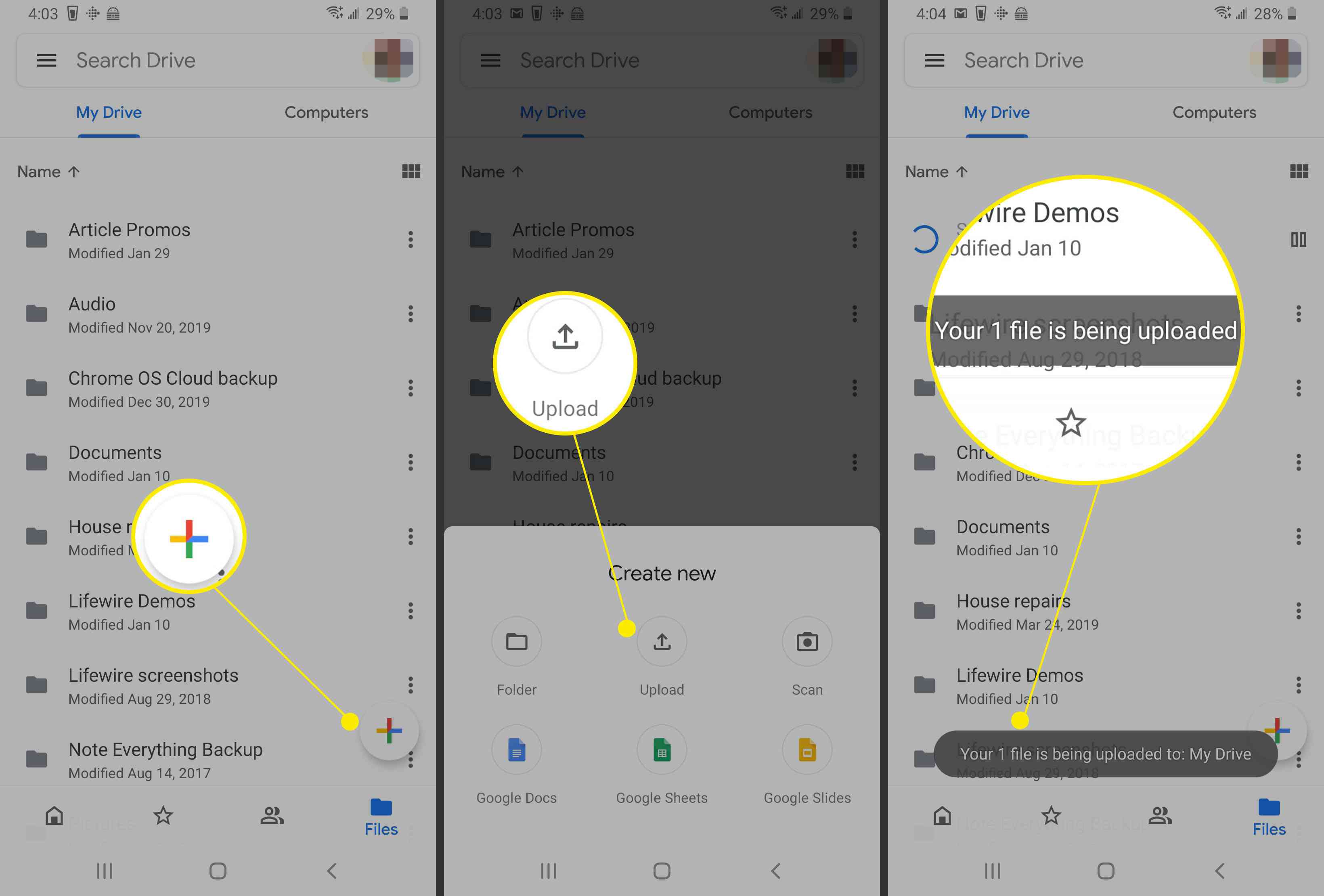 Screenshoty z telefonu Android zobrazující nahrávání souboru na Disk Google