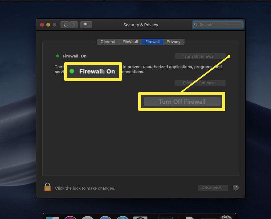 Přepínač brány firewall v předvolbách systému macOS.