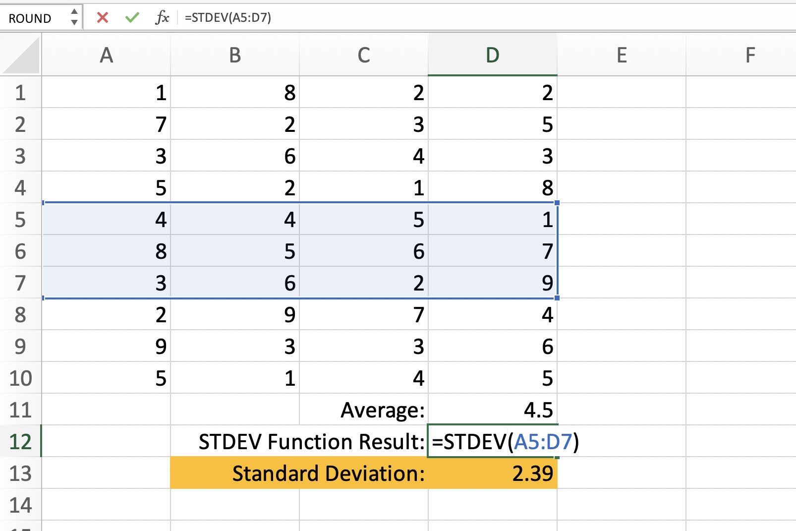 Screenshot aplikace Excel se vzorcem funkce STDEV