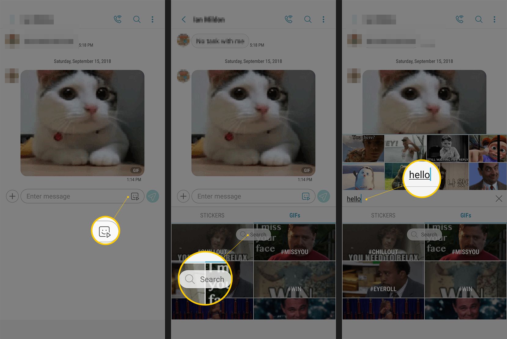 Tři obrazovky Android zobrazující tlačítko GIF, vyhledávací pole a výraz „ahoj“ zadaný do vyhledávání