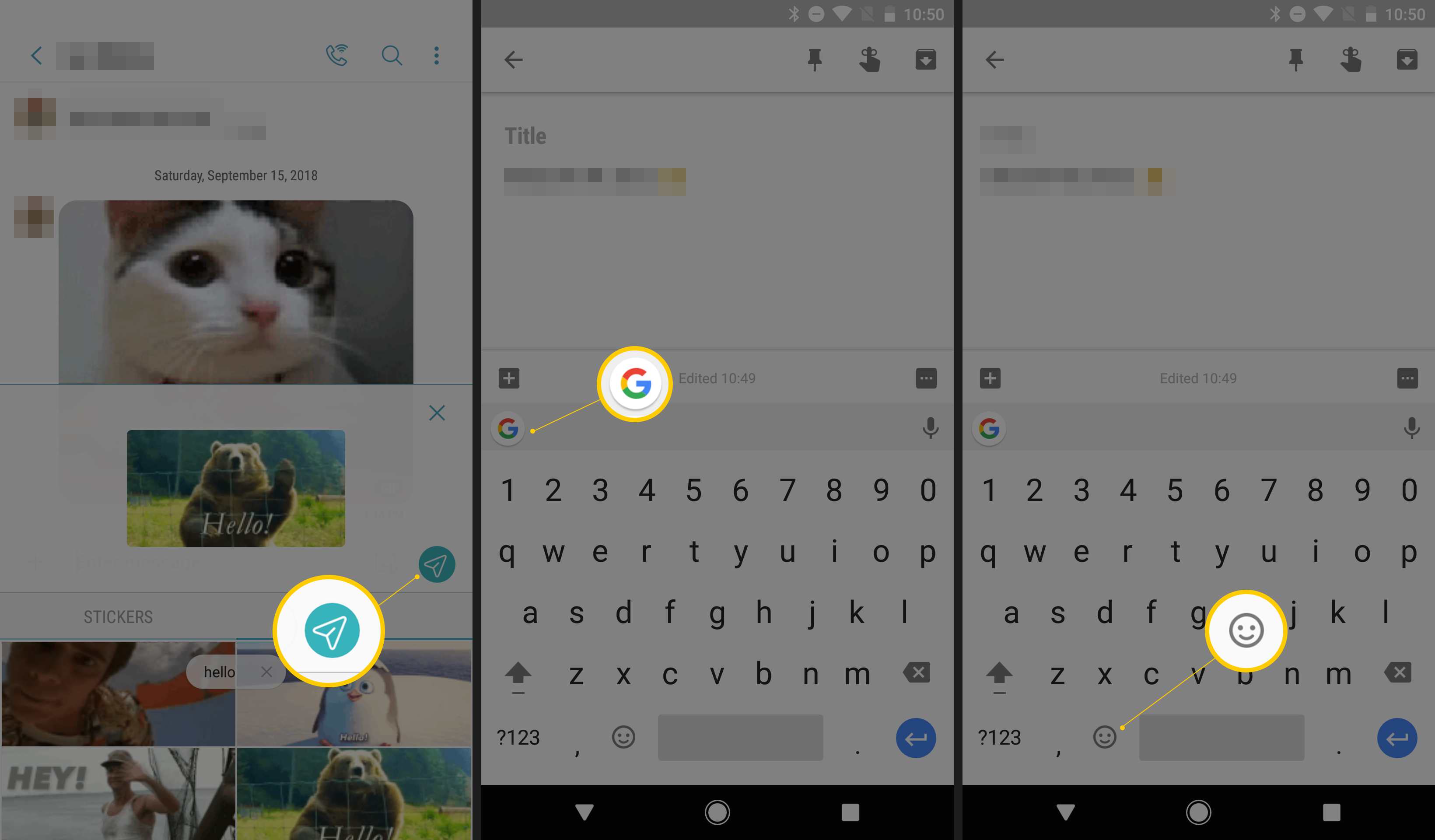 Tři obrazovky Android zobrazující na klávesnici tlačítko Odeslat, ikona Gboard a ikona emotikonu