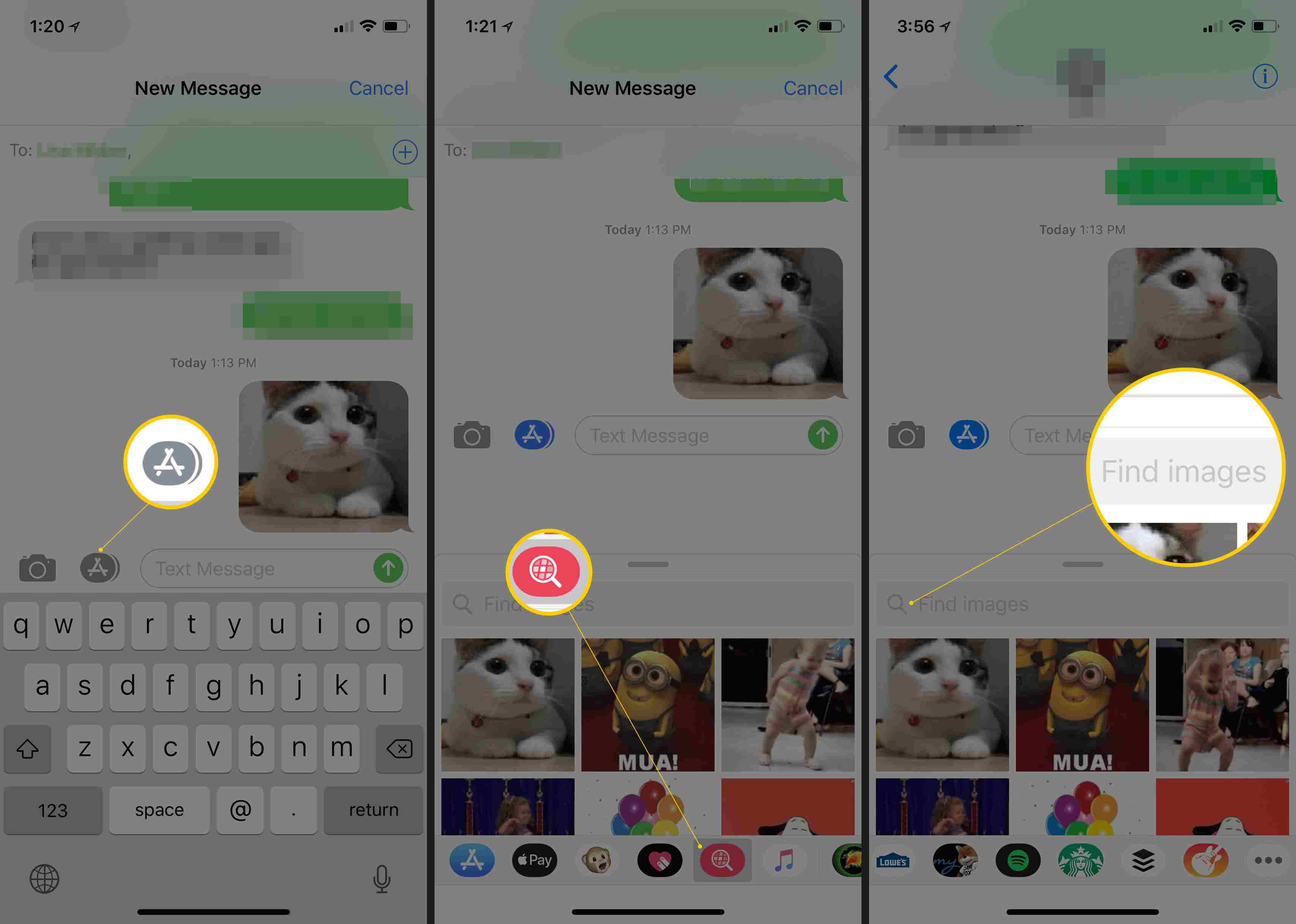 Tři obrazovky iOS zobrazující zásuvku aplikace, tlačítko GIF a pole Najít obrázky