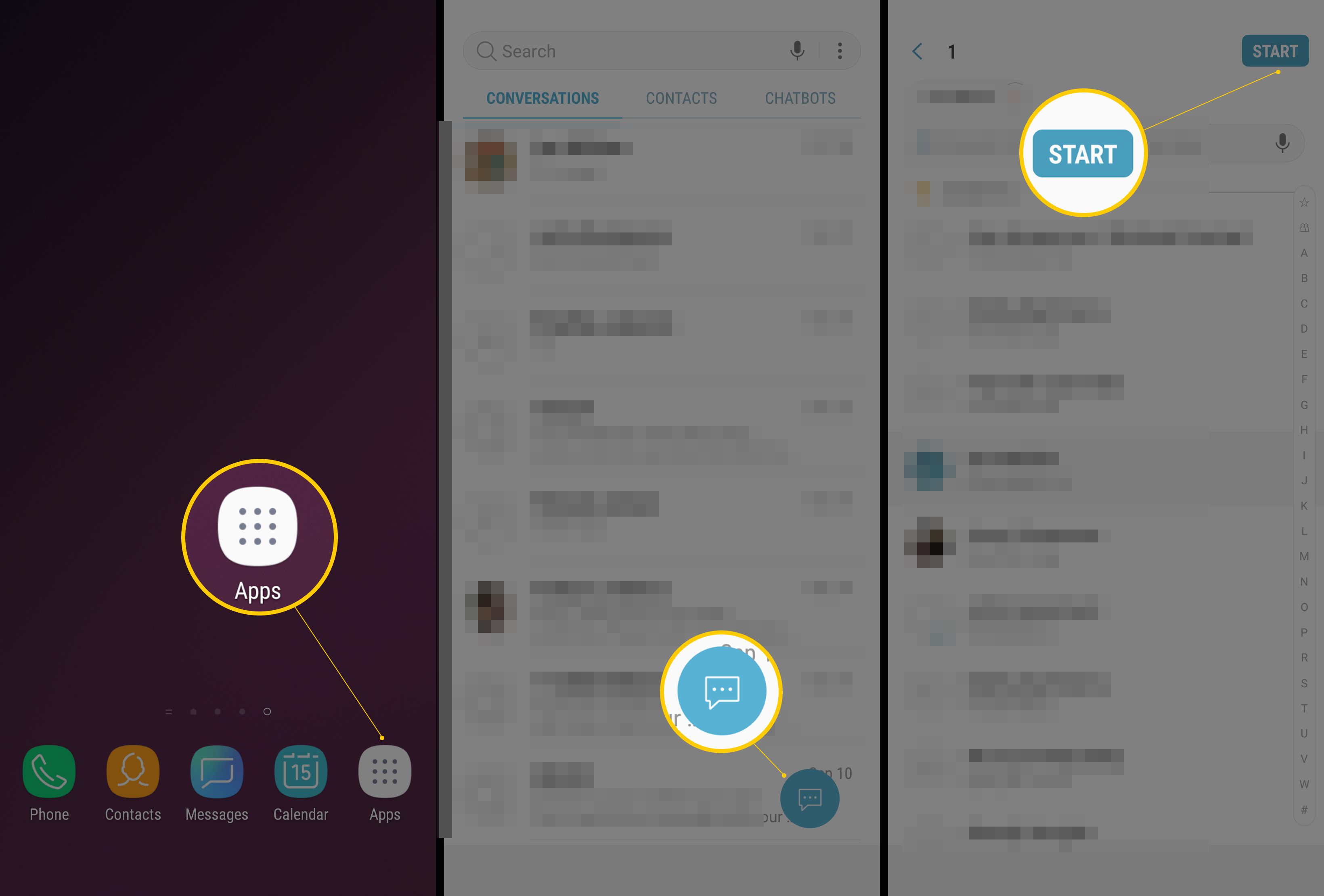 Tři obrazovky Android zobrazující tlačítka Apps, Speech Bubble a Start pro textový GIF