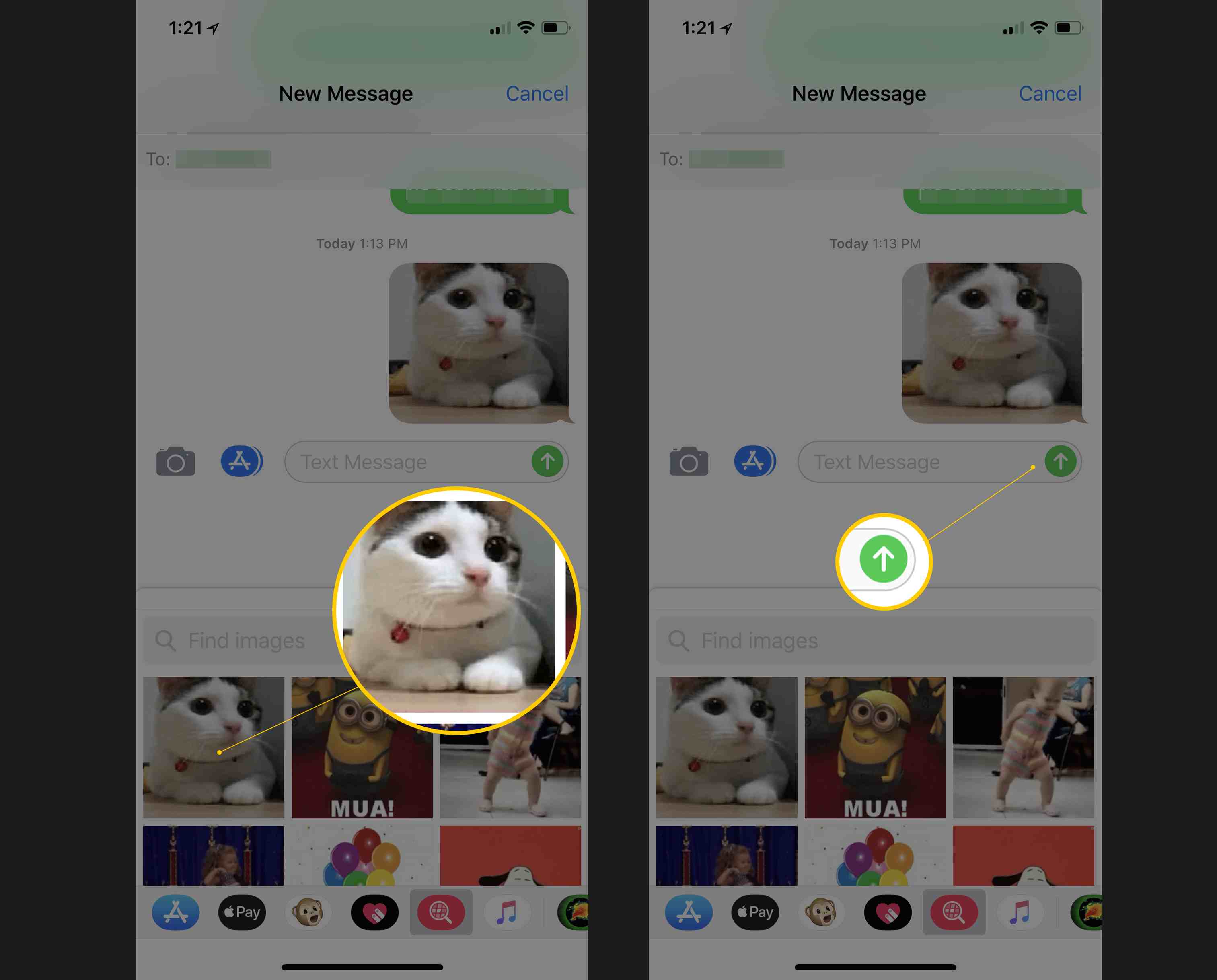 Dvě obrazovky iOS zobrazující výběr GIF ve Zprávách a tlačítko Odeslat