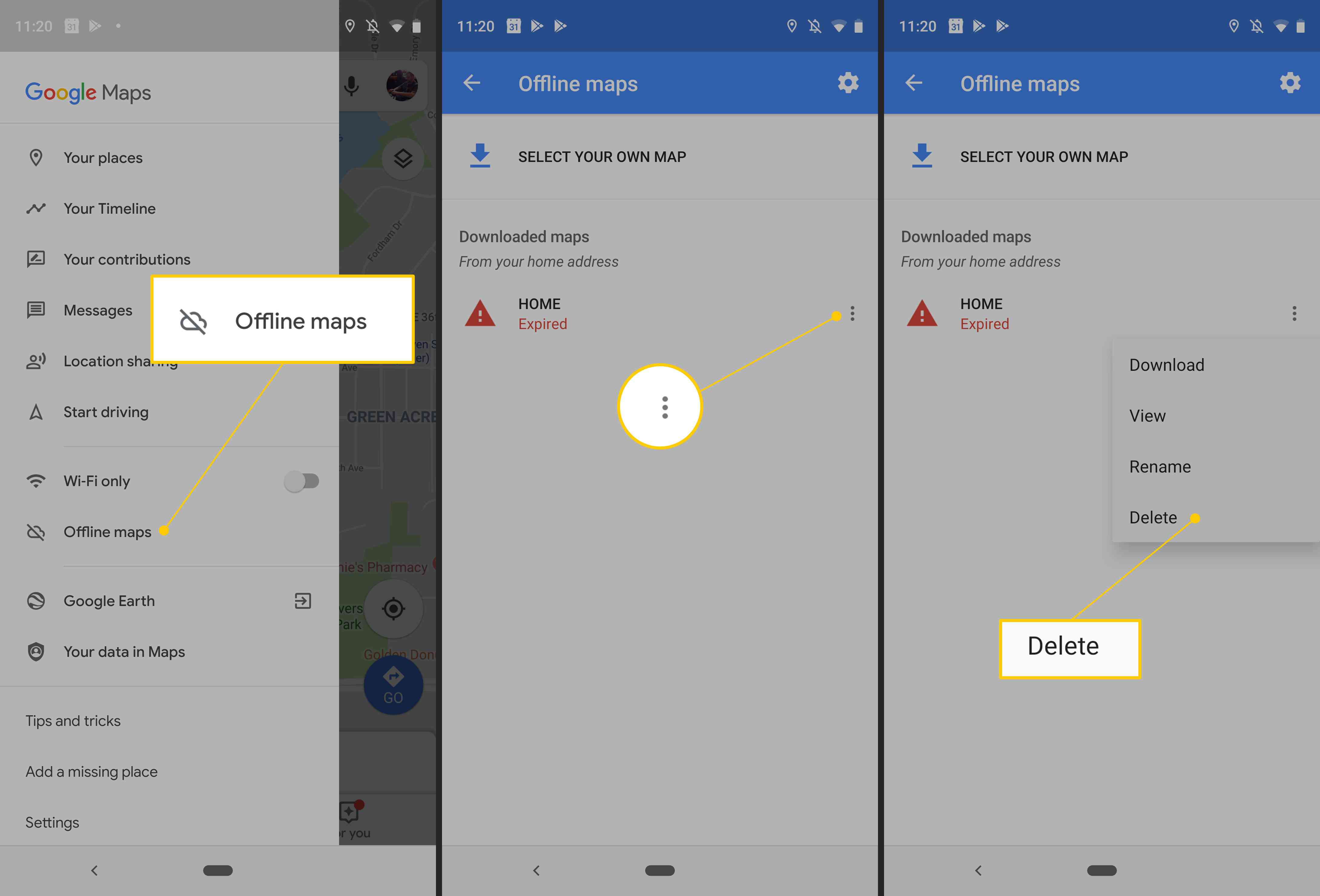 Proces mazání offline map v systému Android