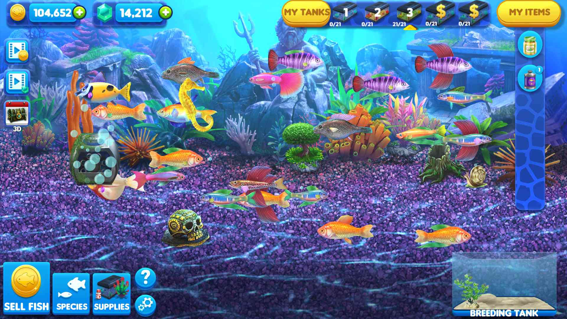 Virtuální akvárium ve hře Fish Tycoon 2.