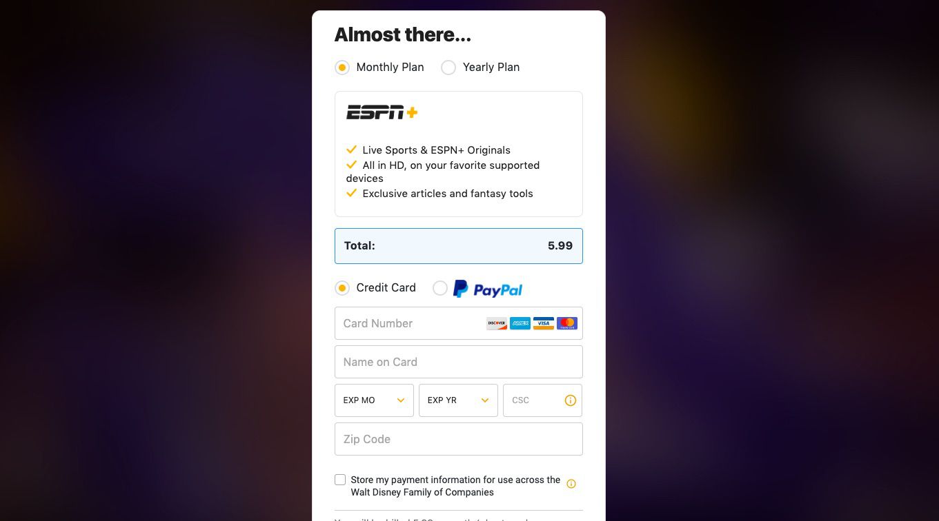 Chcete-li koupit ESPN +, zadejte informace o své kreditní kartě