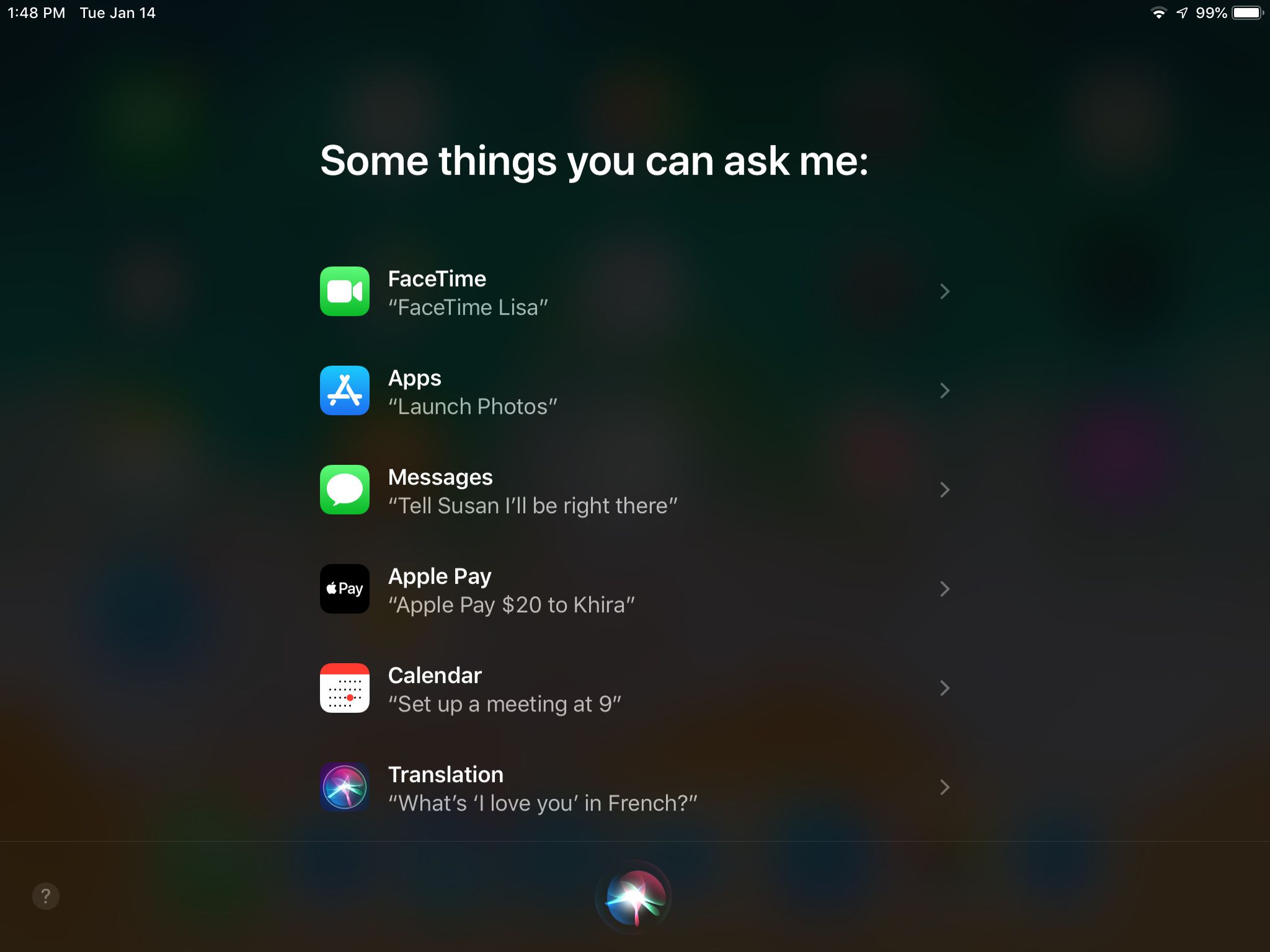 Siri obrazovka příkladů hlasových příkazů na iPadu