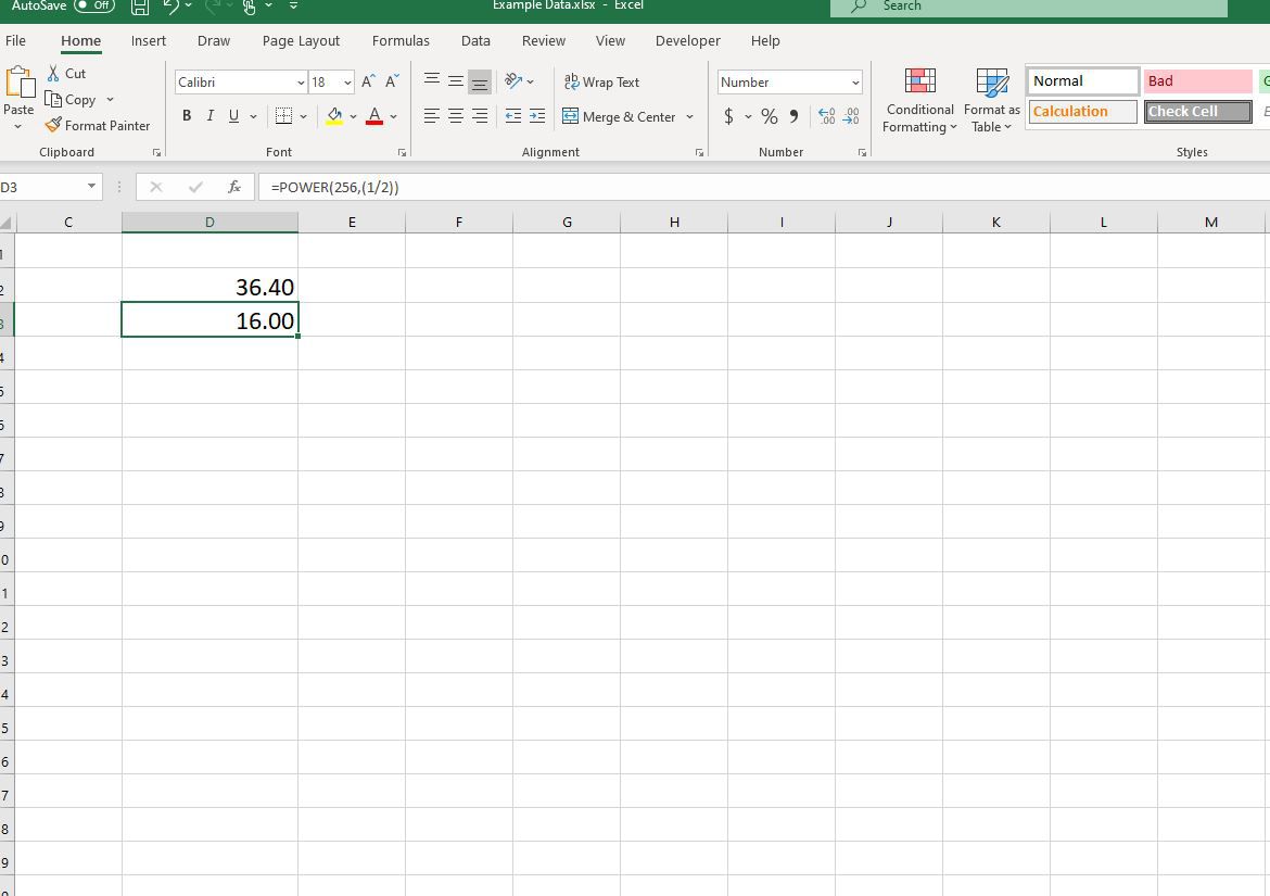 Screenshot = POWER (256, (1/2)) v aplikaci Excel