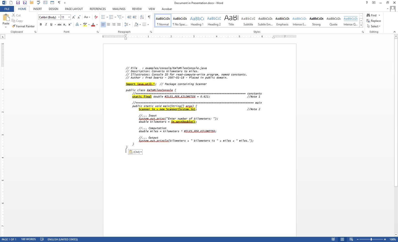 Microsoft Word zobrazující zdrojový kód pro vložení do dokumentu prezentace Word