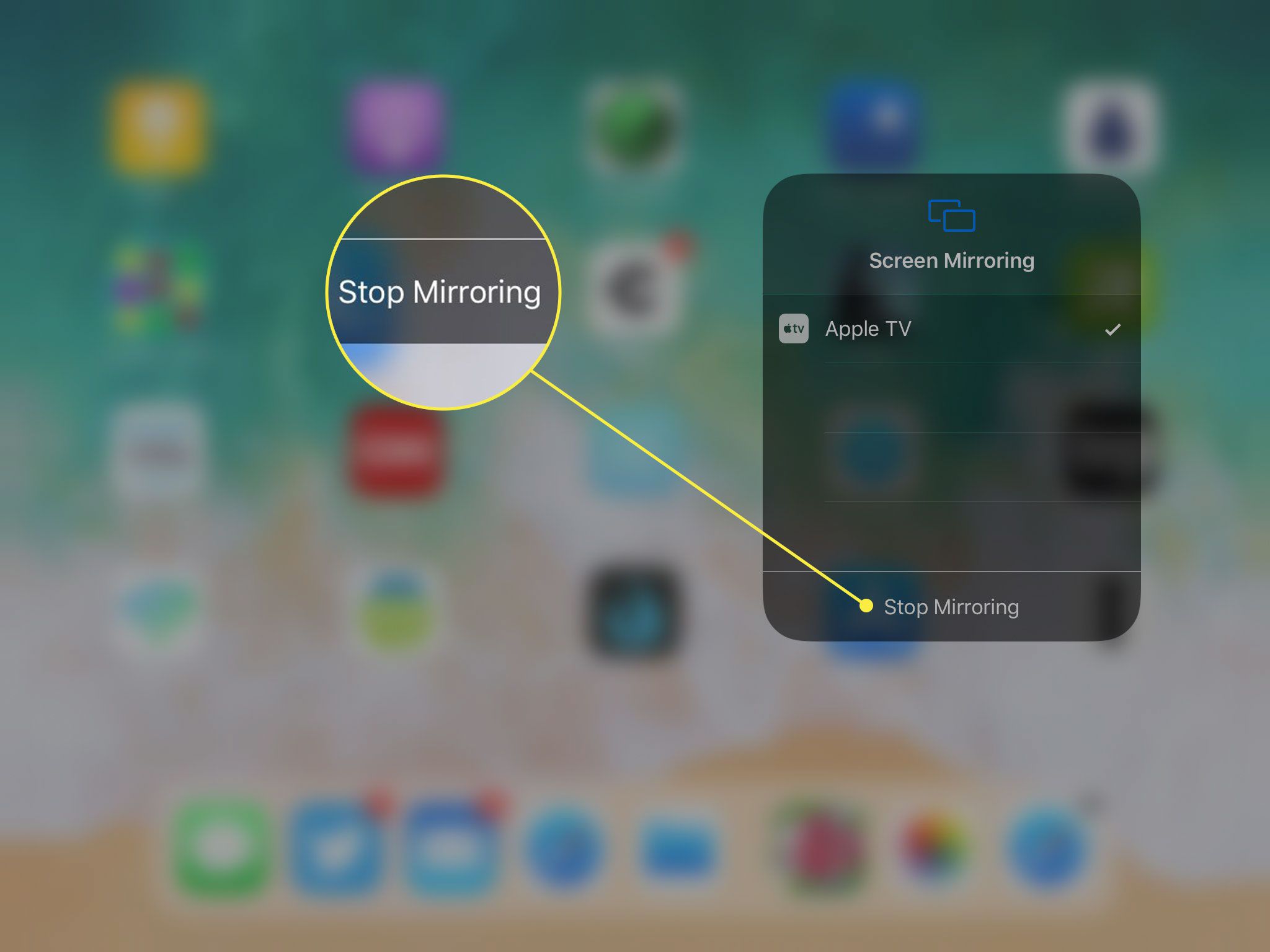 Snímek obrazovky obrazovky zrcadlení obrazovky iPadu se zvýrazněným tlačítkem Zastavit zrcadlení