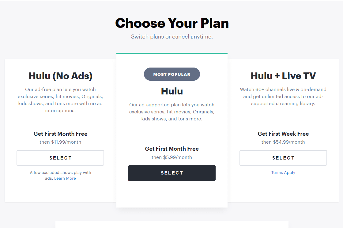 Hulu Vyberte si stránku svého plánu