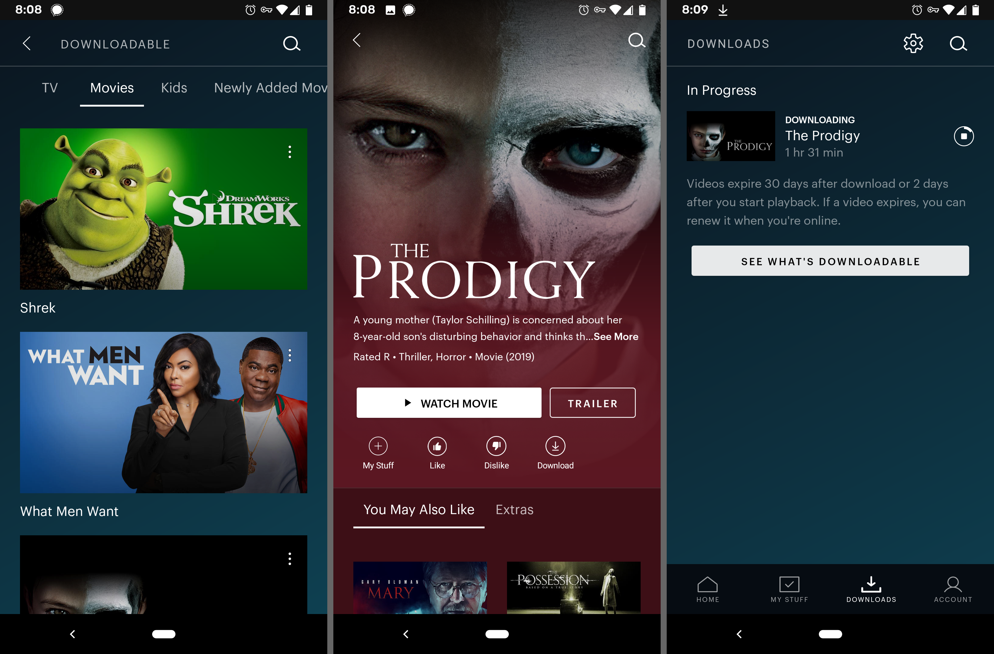 Aplikace Hulu stahující film na Androidu