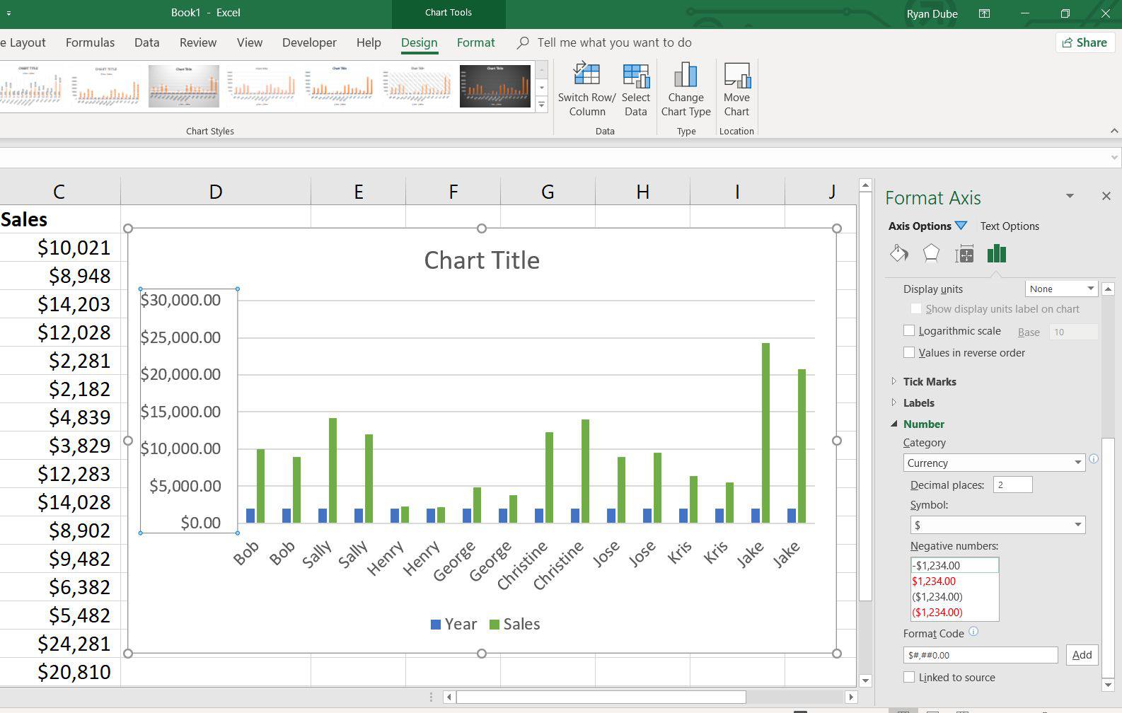 Snímek obrazovky se změnou formátování grafu v aplikaci Excel 2016/2013