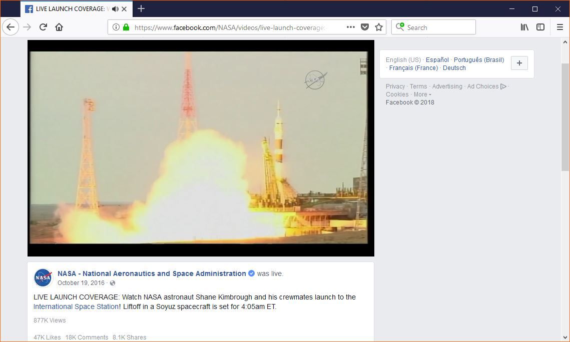 živý přenos NASA na Facebooku