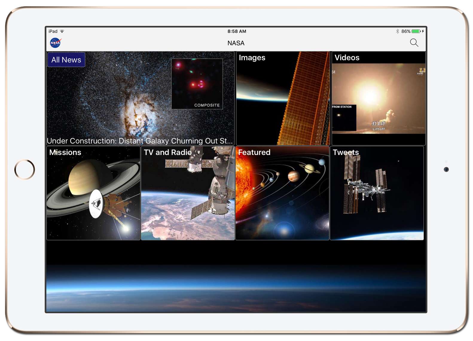 Aplikace NASA zobrazená na iPadu