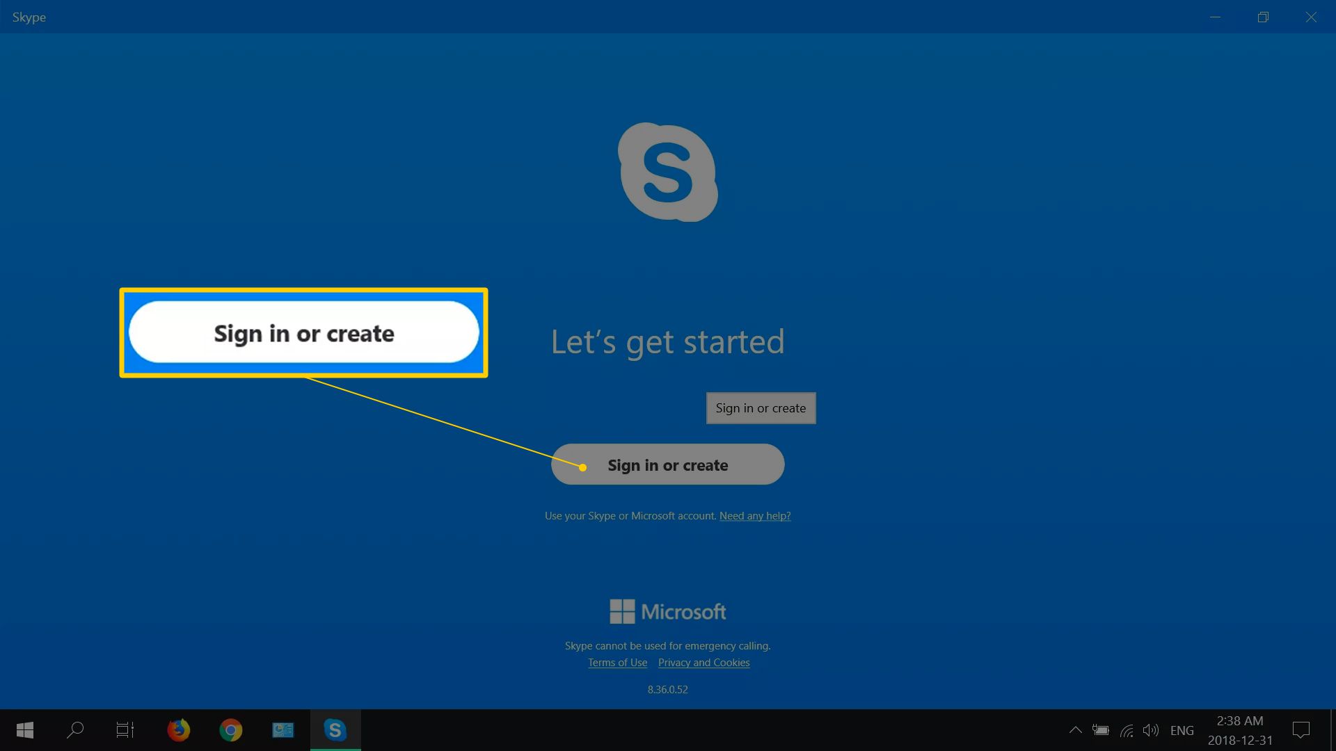 Tlačítko přihlášení nebo vytvoření na přihlašovací obrazovce Skype