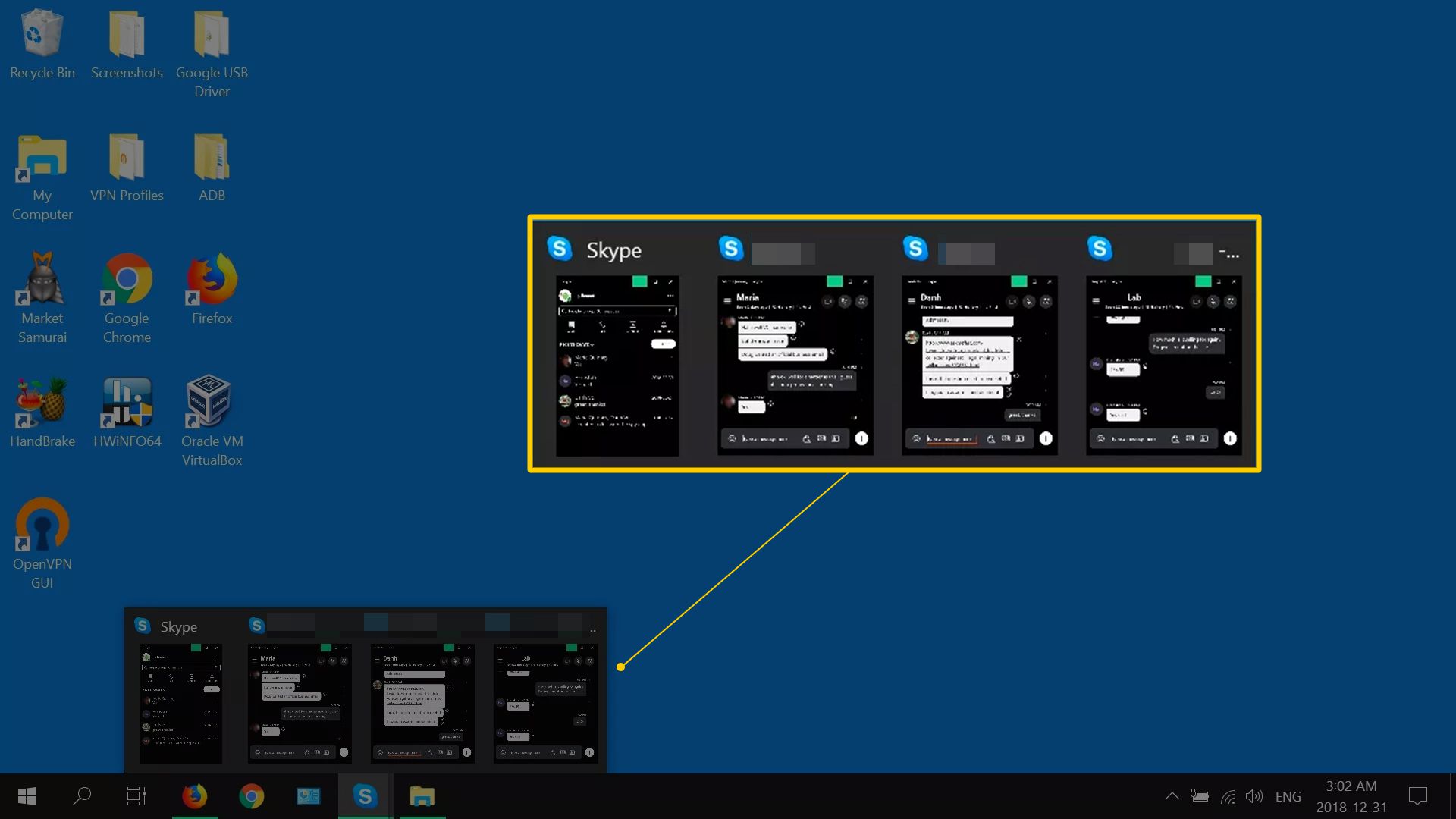 Všechny Skype chaty na hlavním panelu Windows
