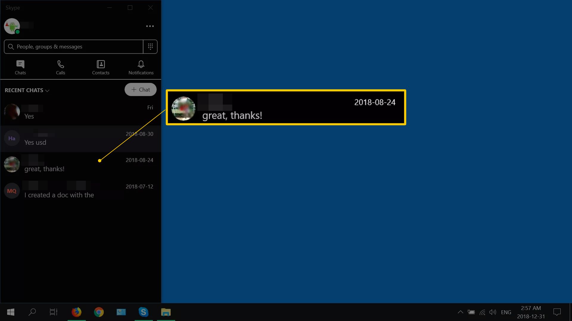 Stávající konverzace vybraná ve Skypu