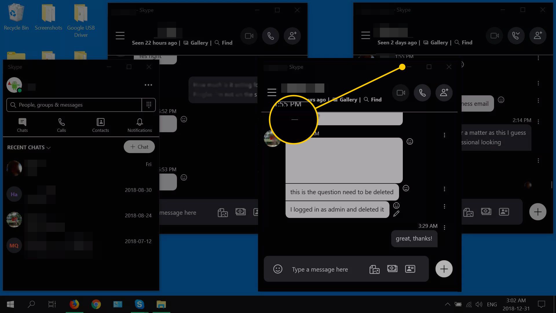 Tlačítko Minimalizovat ve Skypu