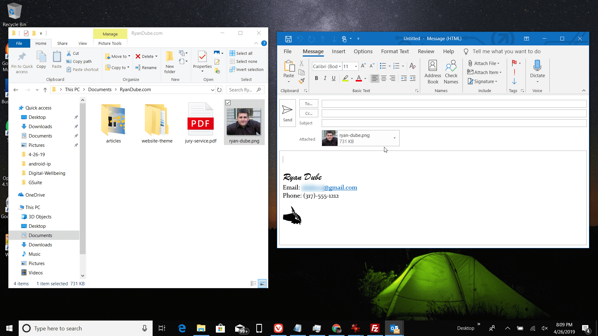 Screenshot přetažení souboru do e-mailu aplikace Outlook