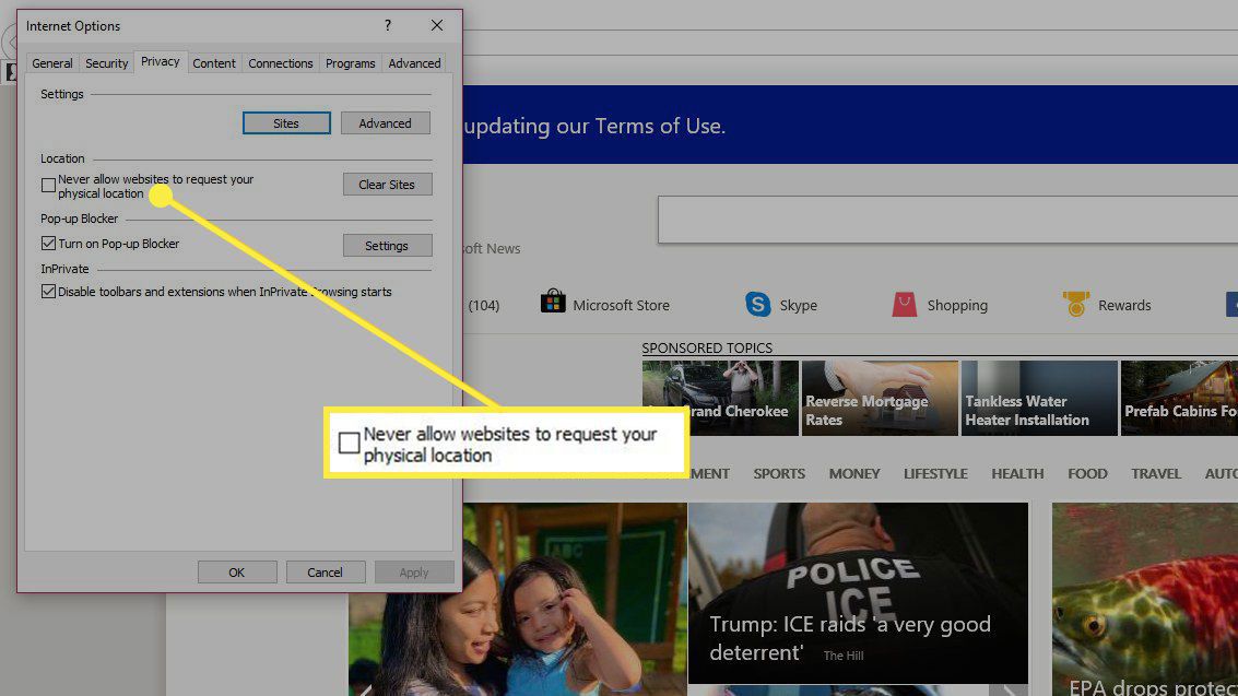 Nastavení „Nikdy nedovolit webovým stránkám požadovat vaši fyzickou polohu“ v aplikaci Internet Explorer