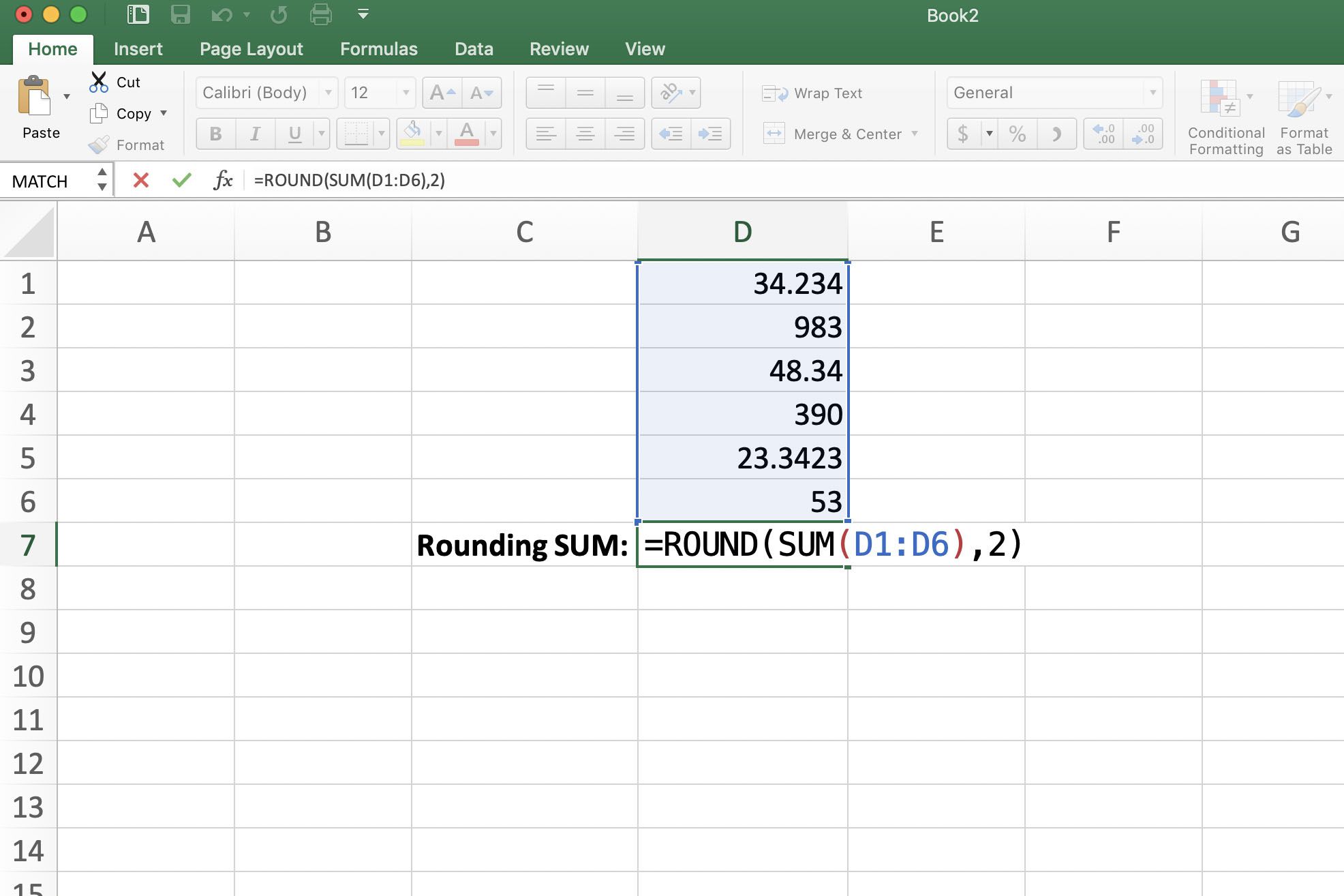 Screenshot aplikace Excel zobrazující vnořené zaokrouhlení SUM