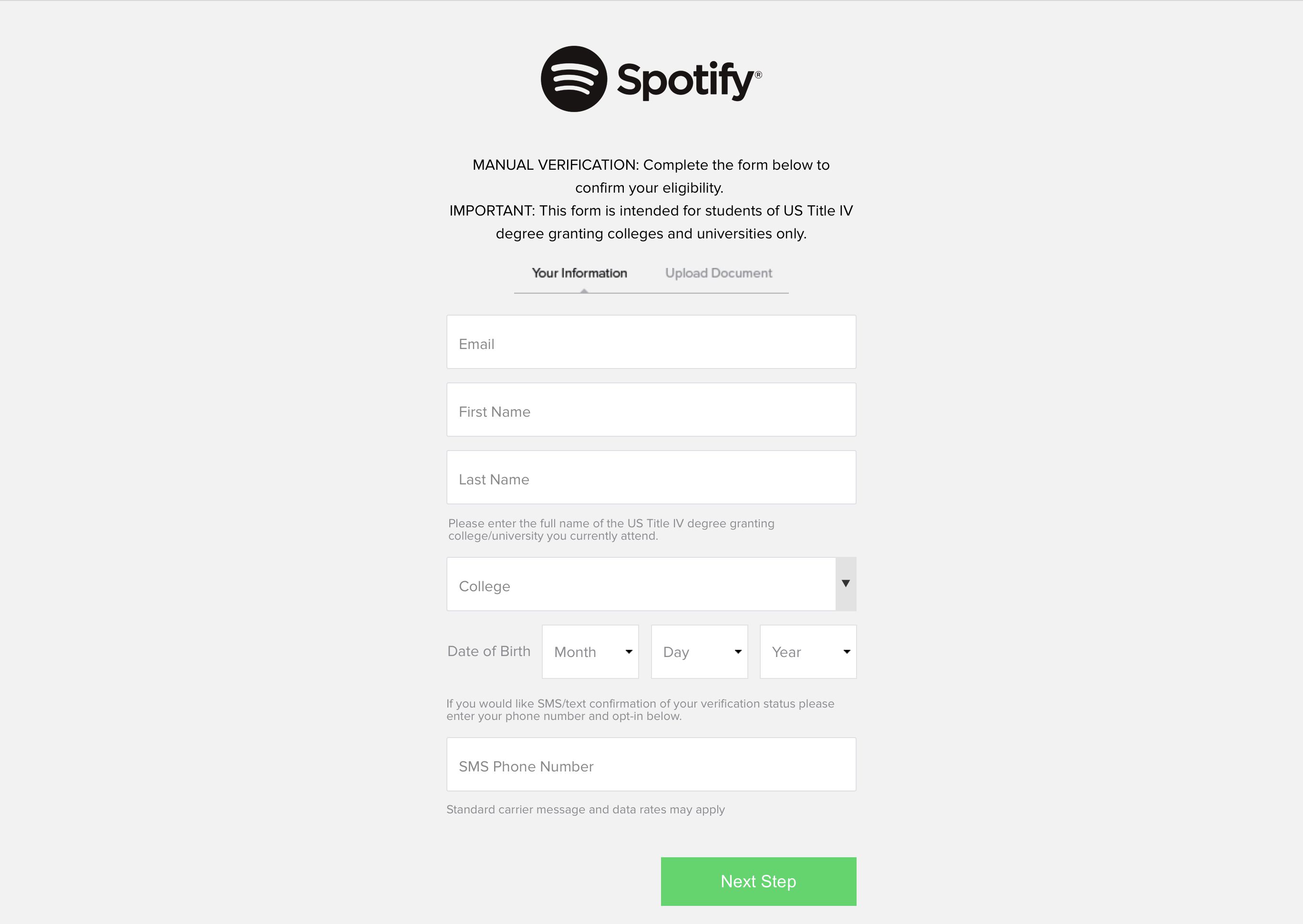 Screenshot obrazovky Spotify Student Signup