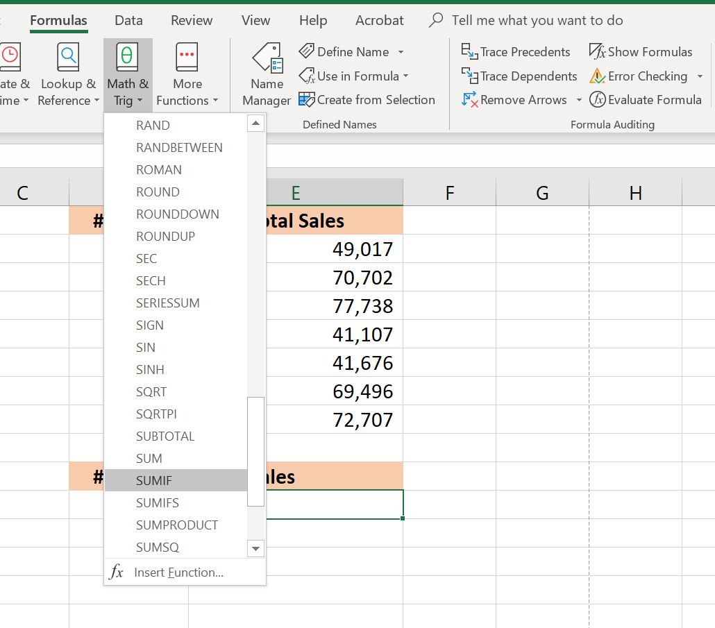 Rozbalovací nabídka Math & Trig aplikace Excel s vybraným SUMIF.