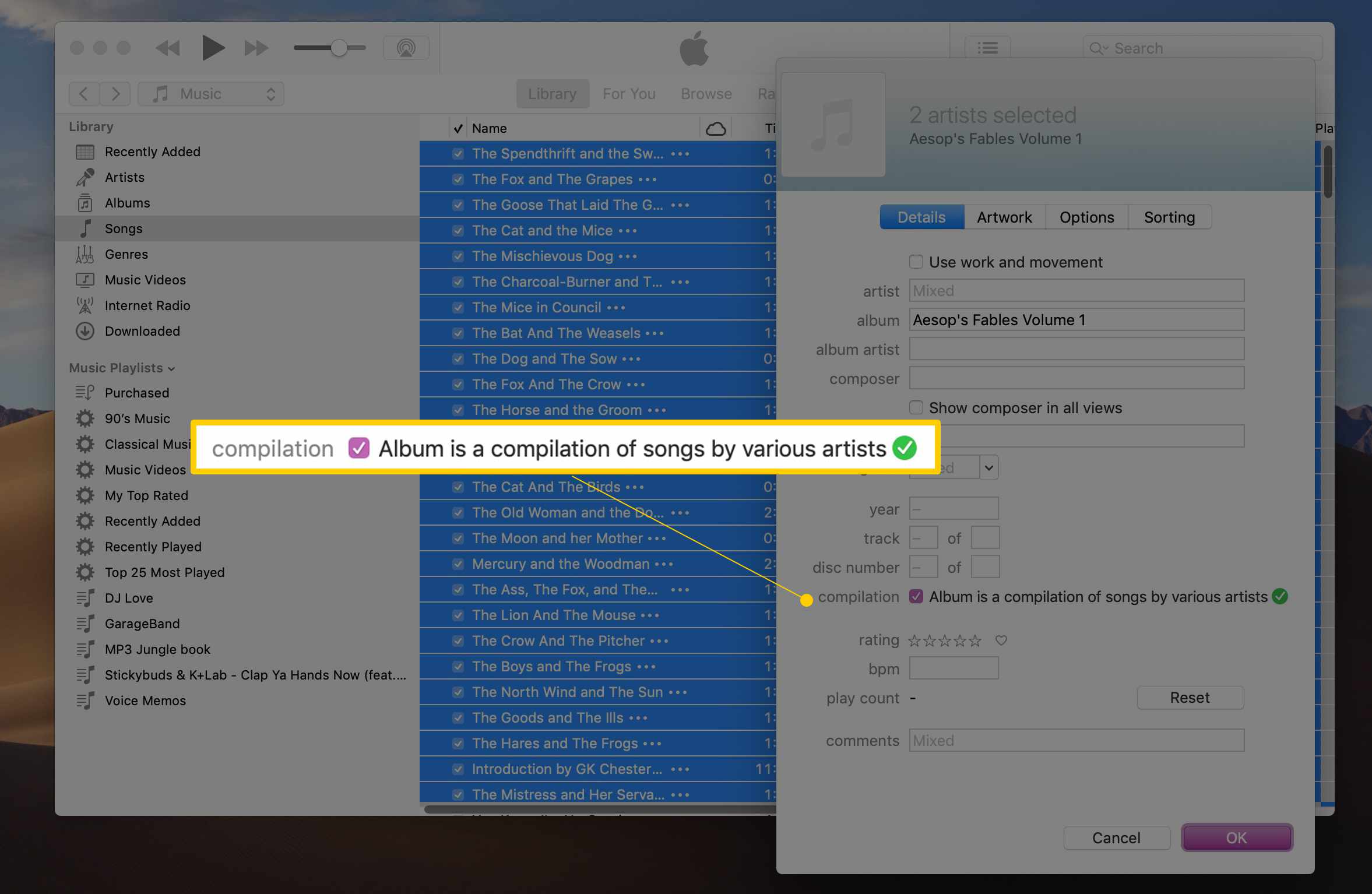 Zaškrtávací políčko Album je kompilace skladeb různých umělců v iTunes