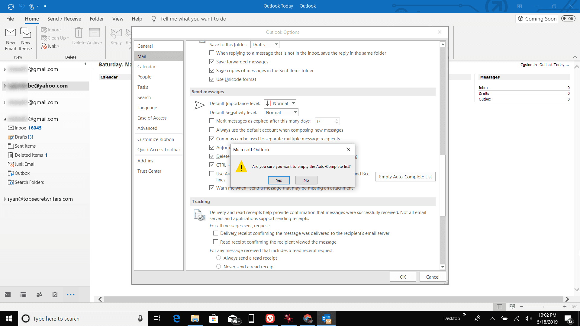 Screenshot vymazání mezipaměti automatického dokončování v aplikaci Outlook