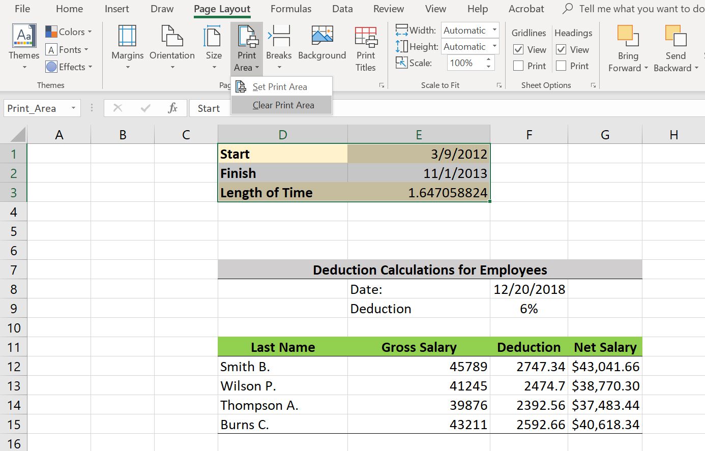 Vymazání tiskové oblasti v aplikaci Excel.