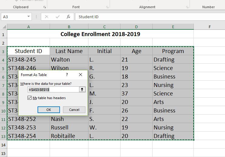 Formát aplikace Excel jako snímek obrazovky tabulky