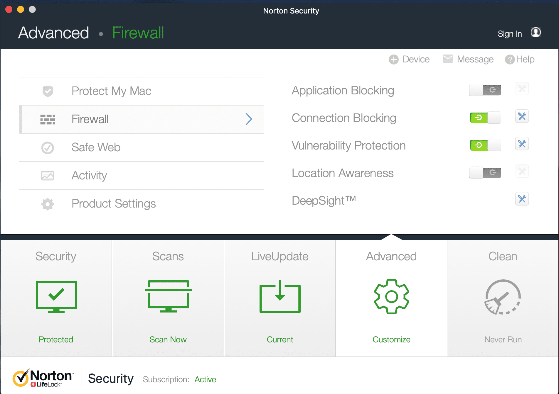 Snímek obrazovky rozhraní Norton Security Firewall v systému macOS