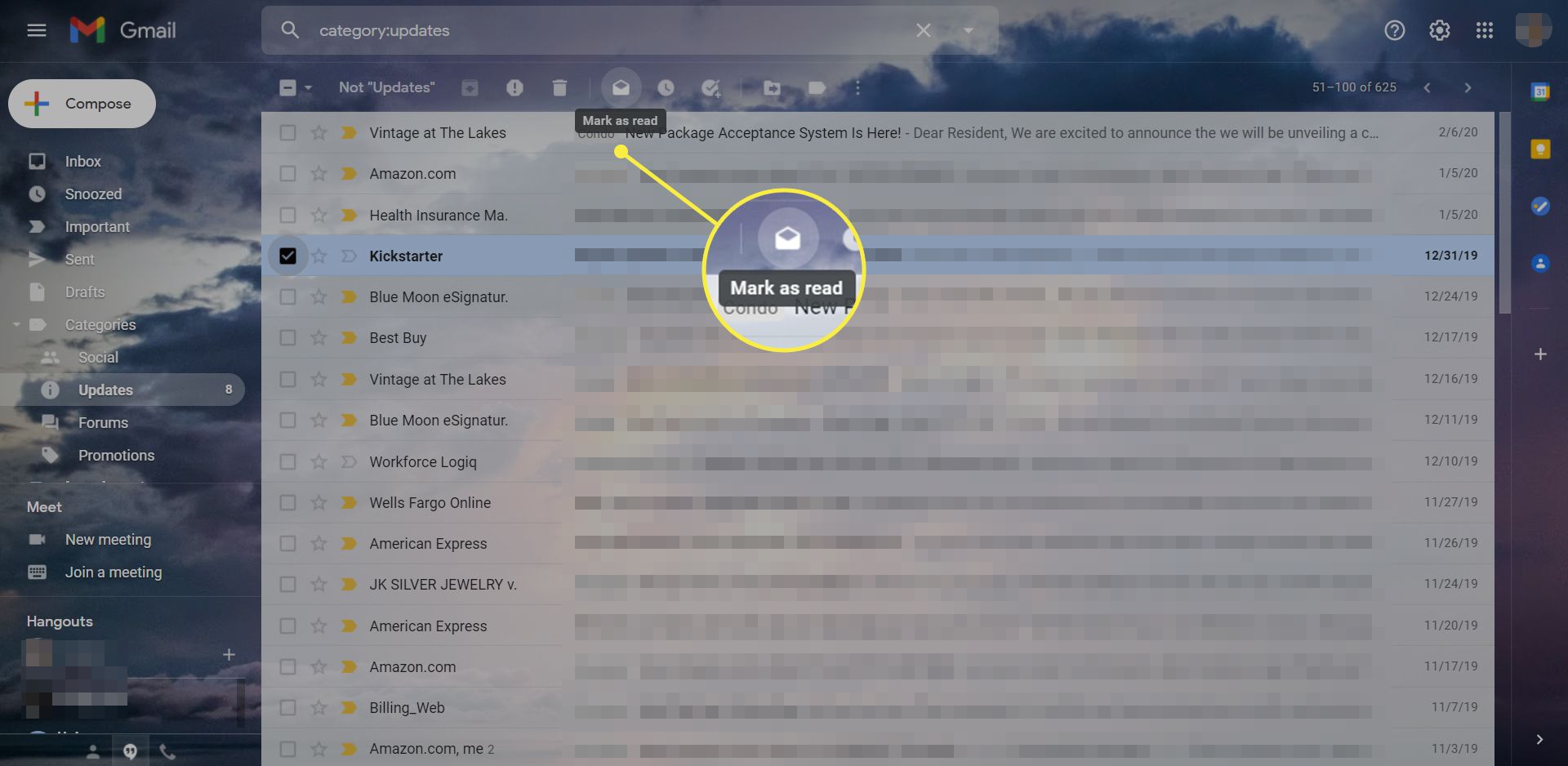 Doručená pošta služby Gmail se zvýrazněnou ikonou „Označit jako přečtené“