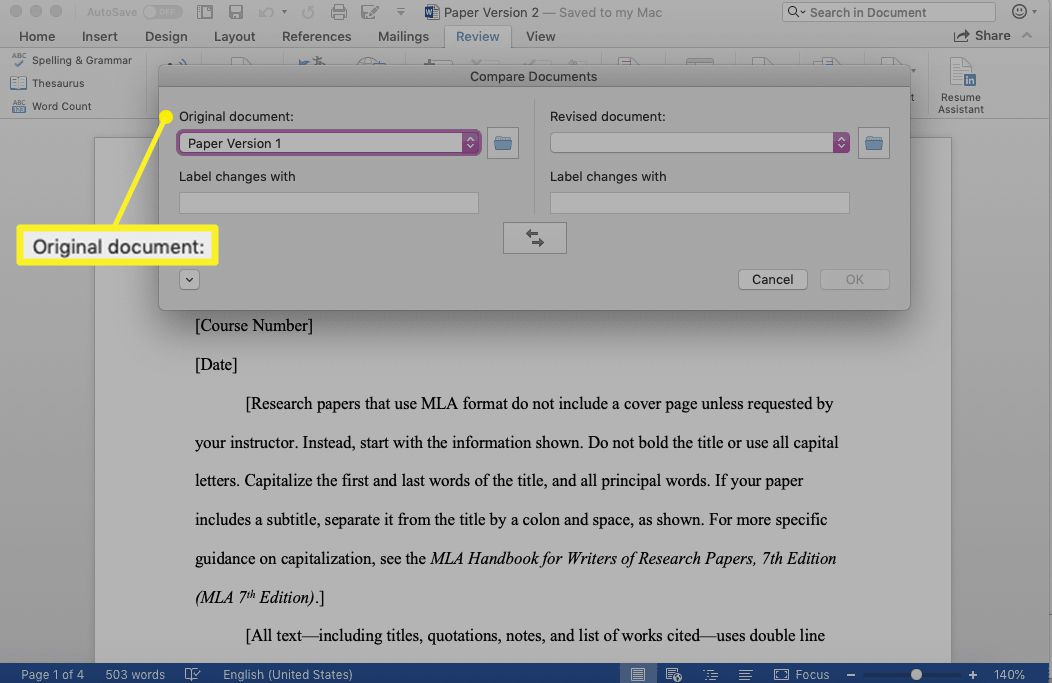 Okno Microsoft Word Porovnat dokumenty se zvýrazněným původním dokumentem