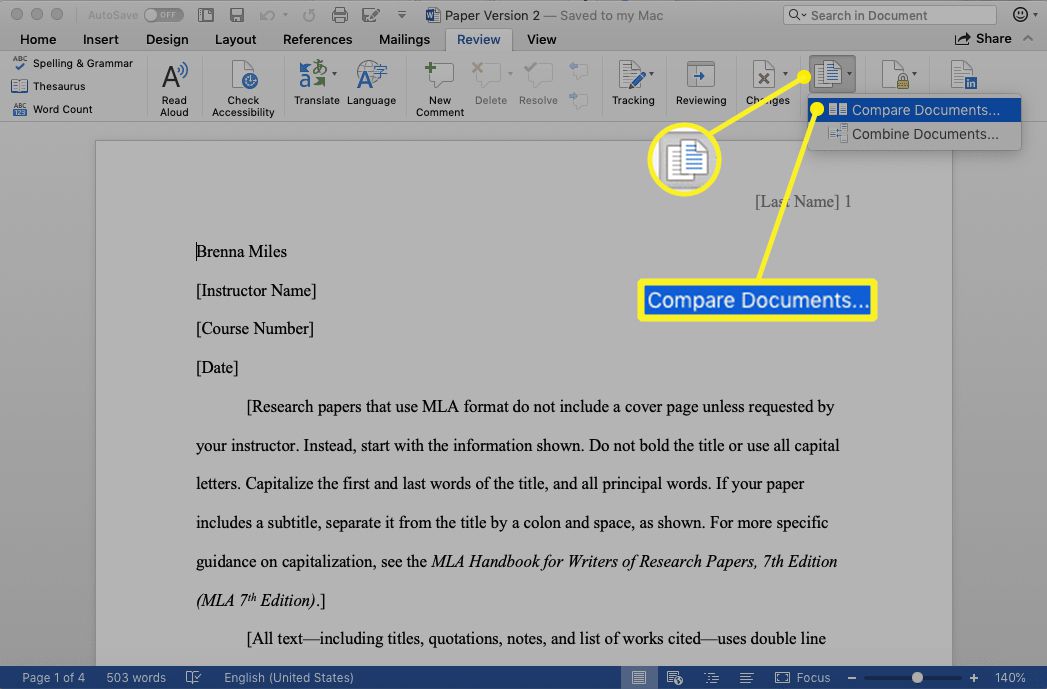 Porovnat dokumenty vybrané na kartě Porovnat v aplikaci Microsoft Word