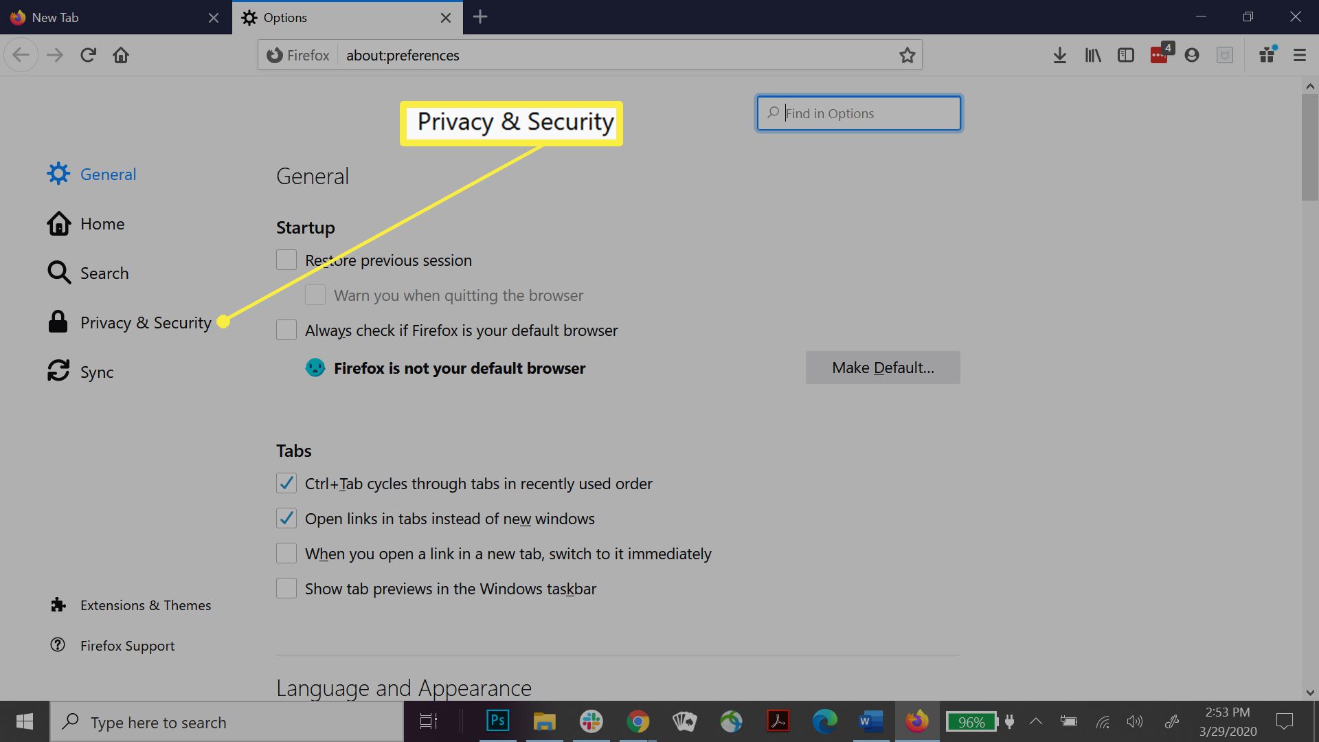 Nastavení ochrany soukromí a zabezpečení prohlížeče Firefox.
