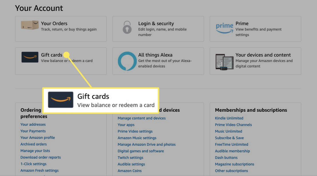 Sekce Dárkové karty na stránce účtu Amazon