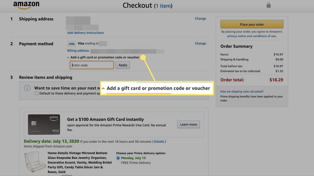 Možnost „Přidat dárkovou kartu“ v platební metodě Amazon