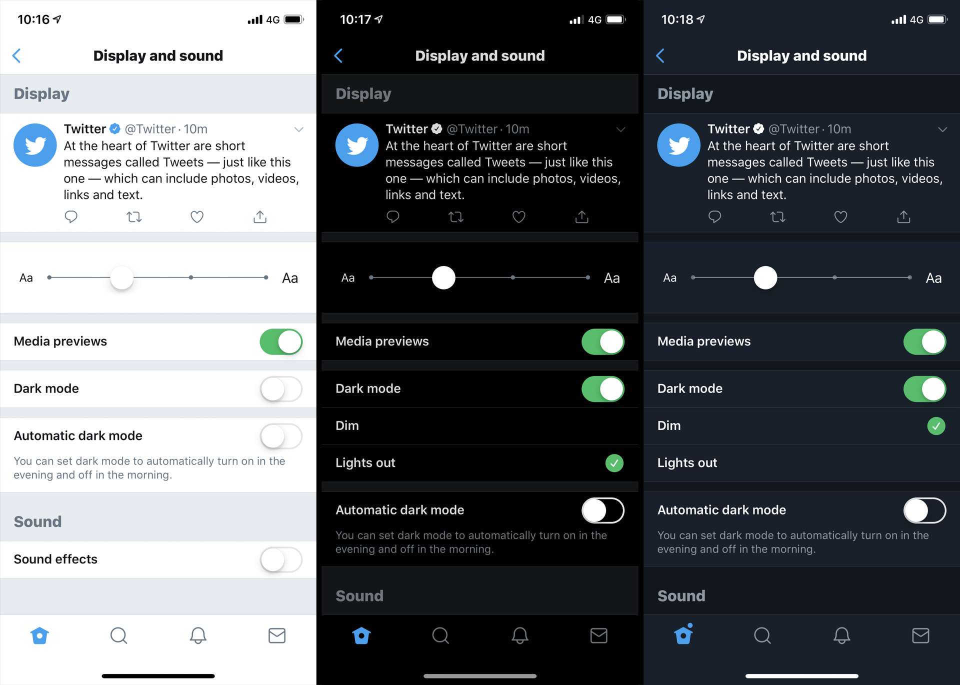 Zapnutí Twitter dark dark nebo noční režim v aplikaci Twitter iOS.