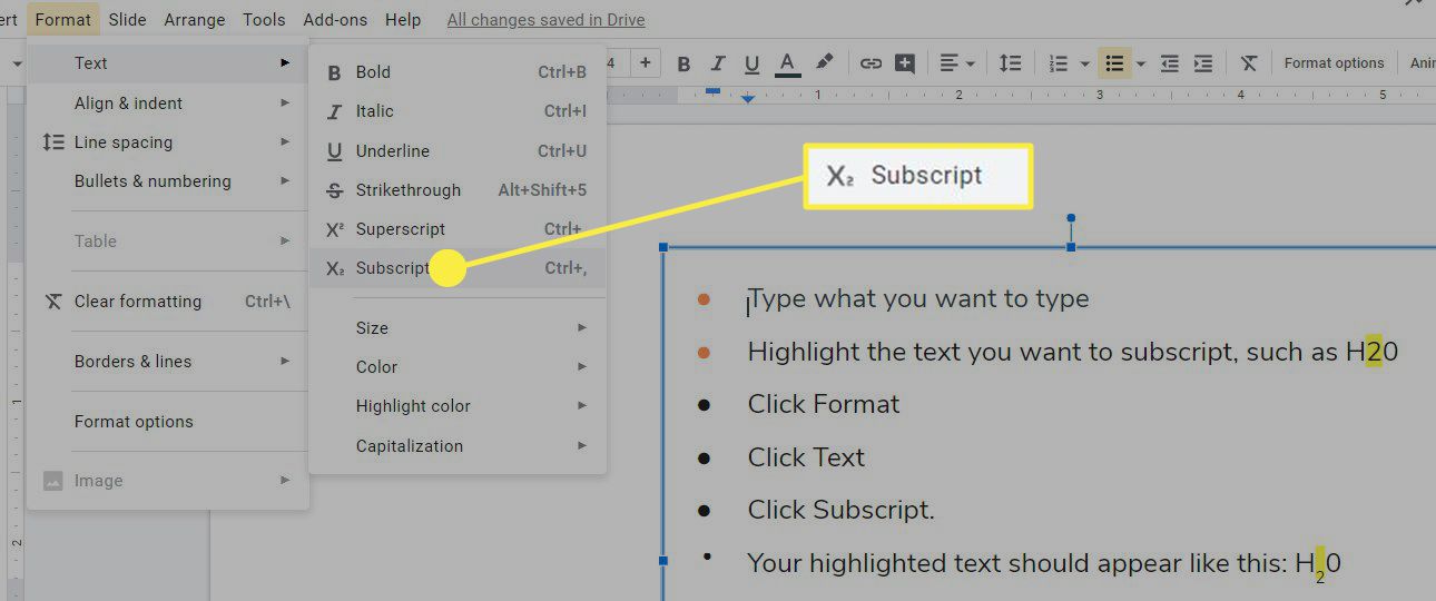 Možnosti nabídky Google Slides Subscript