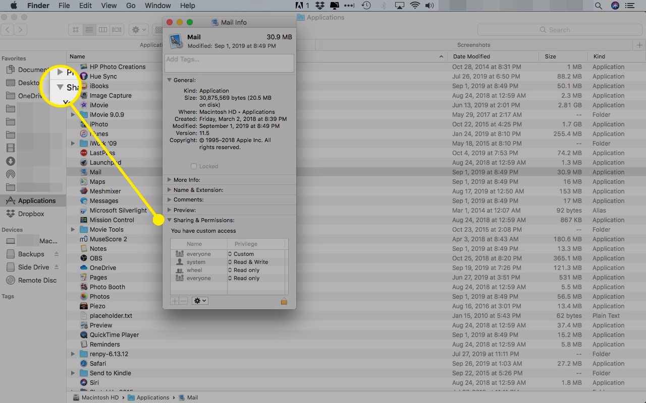 Okno Mail Info na počítači Mac se zvýrazněným panelem Sharing & Permissions