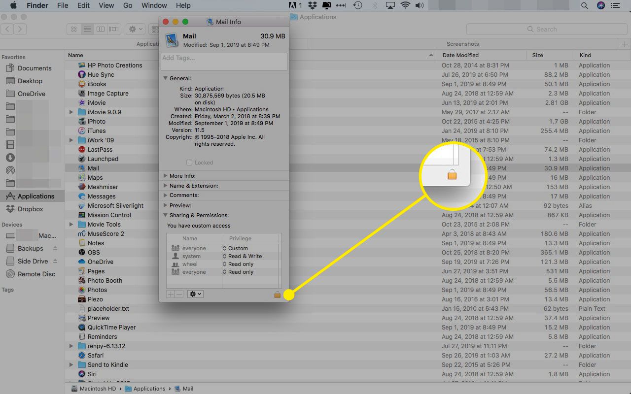 Okno Mail Info na počítači Mac se zvýrazněnou ikonou zámku