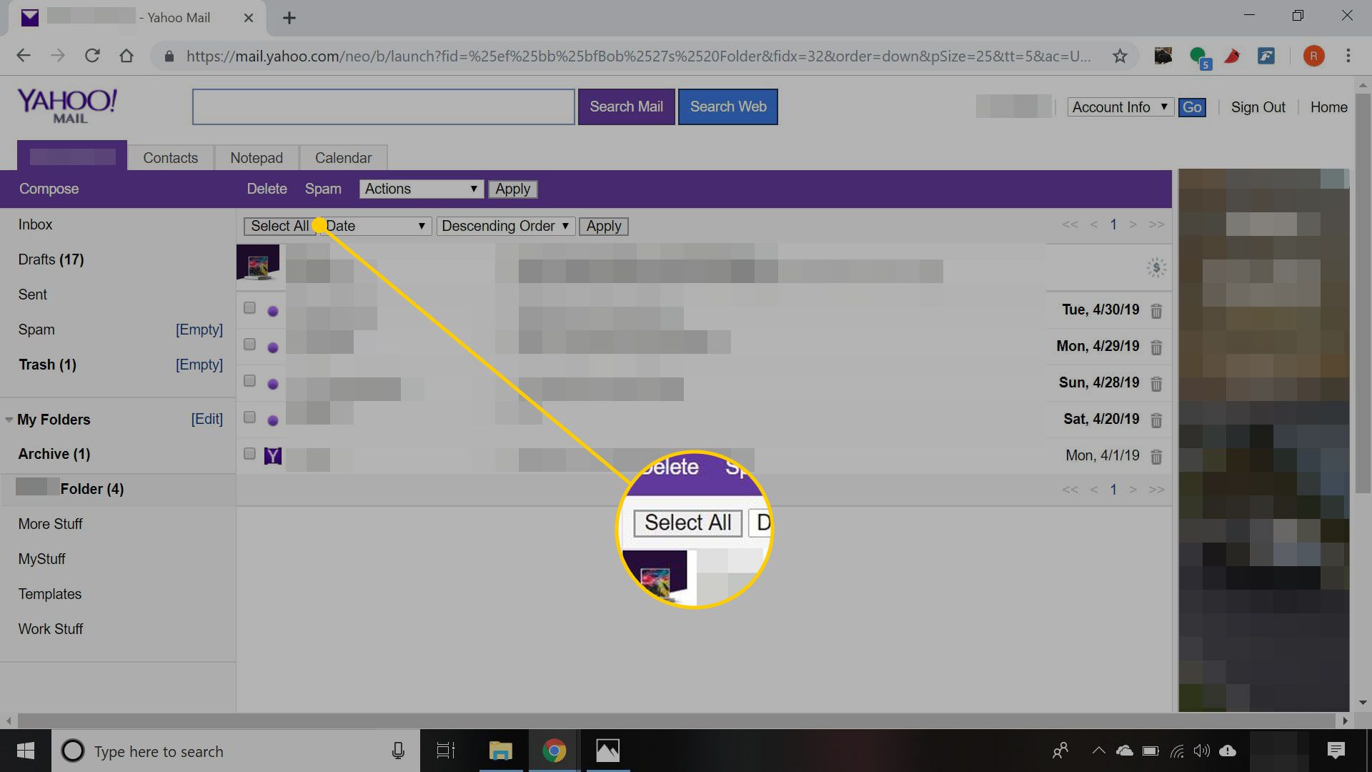 Yahoo Mail Basic se zvýrazněným tlačítkem Vybrat vše