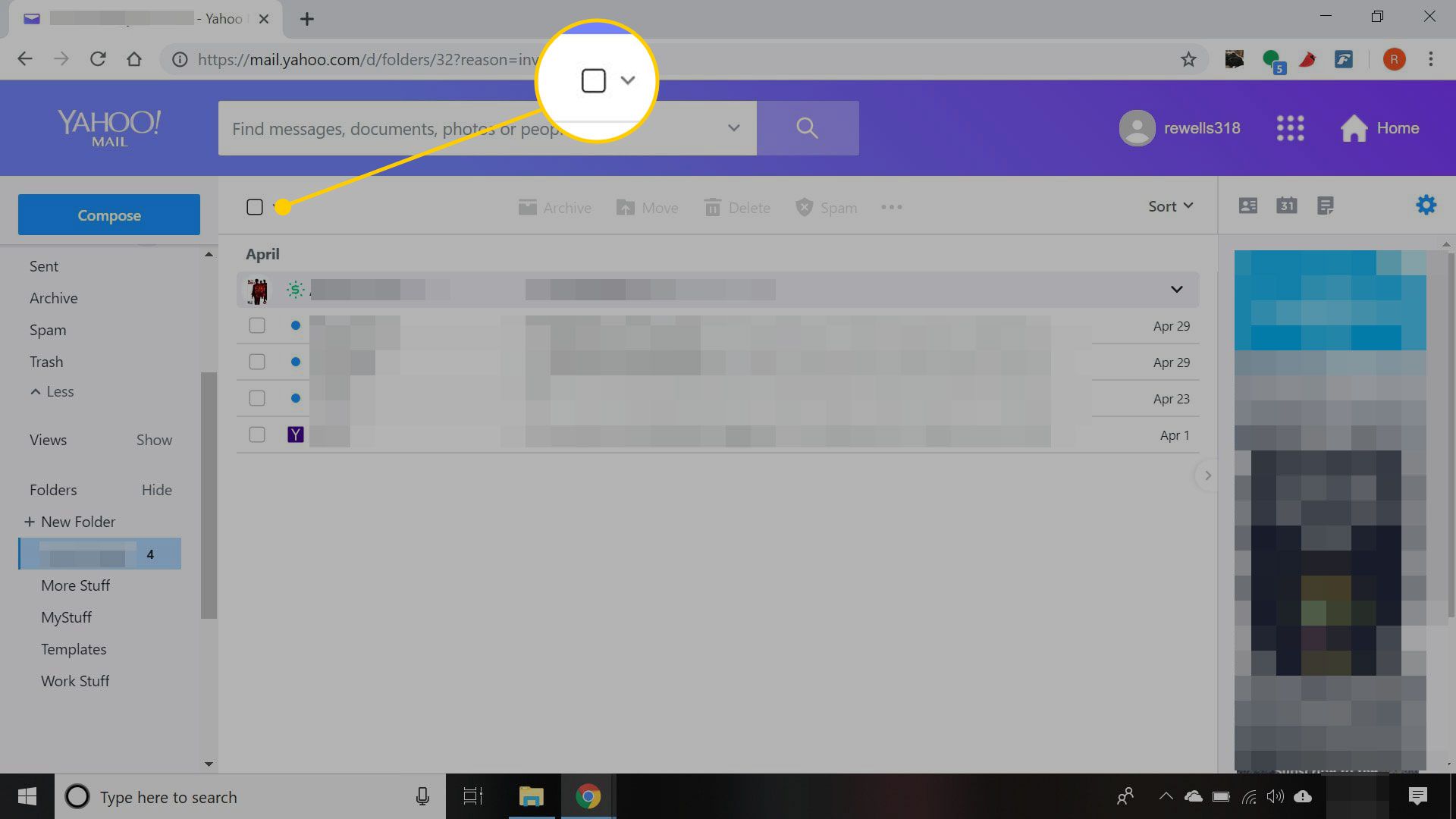 Doručená pošta Yahoo Mail se zvýrazněným rámečkem vyberte všechny zprávy