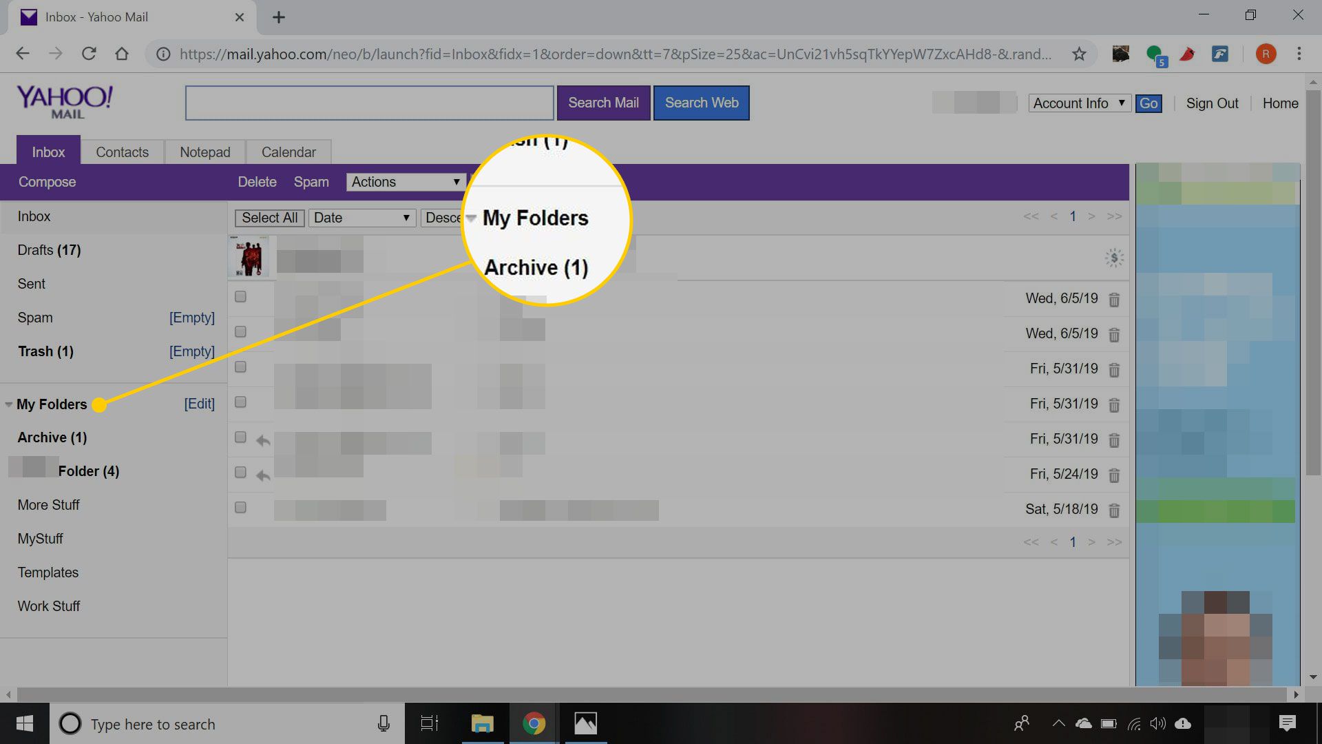 Yahoo Mail Basic se zvýrazněnou nabídkou složek