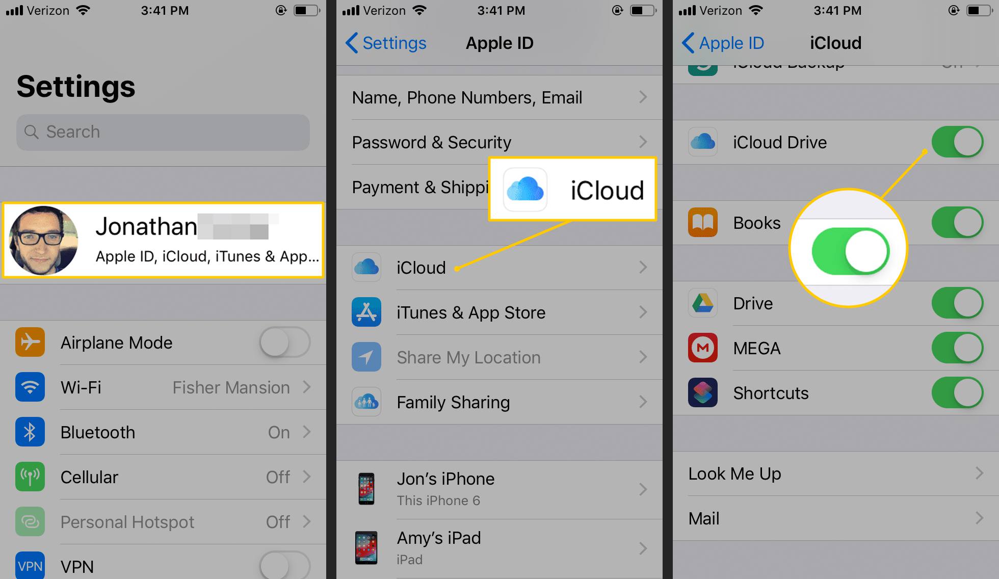 Nastavení v iOS zobrazující vybrané iCoud a iCloud Drive