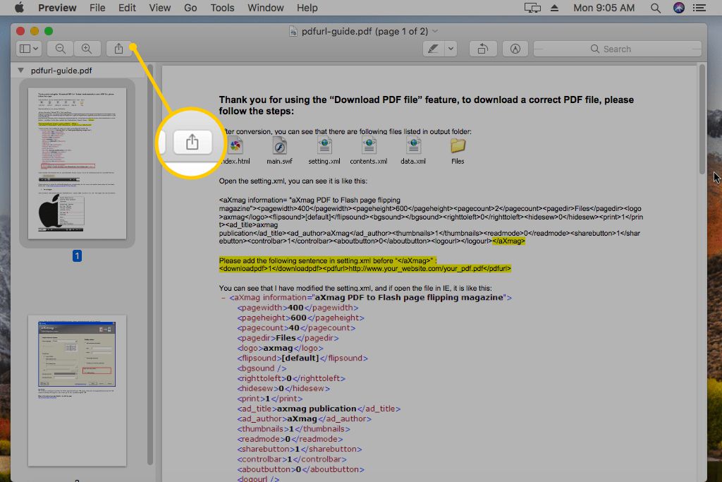 Tlačítko Sdílet v PDF v náhledu v macOS