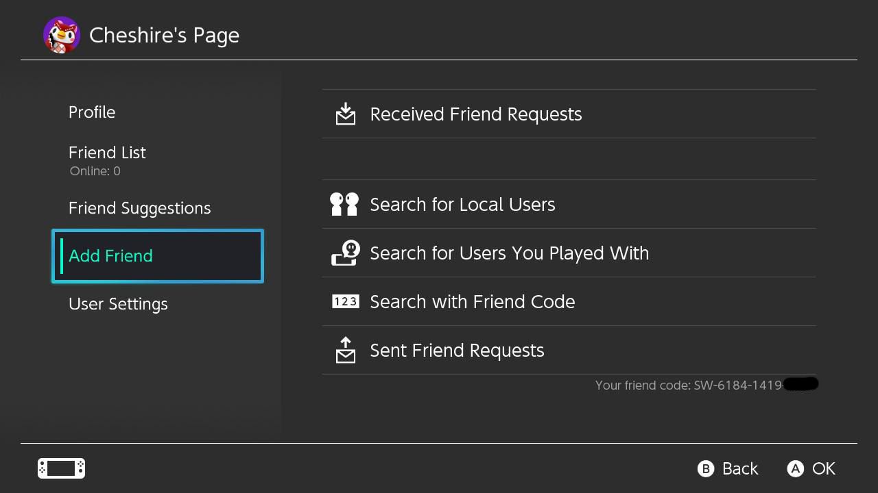 Screenshot nastavení Nintendo Switch Friend